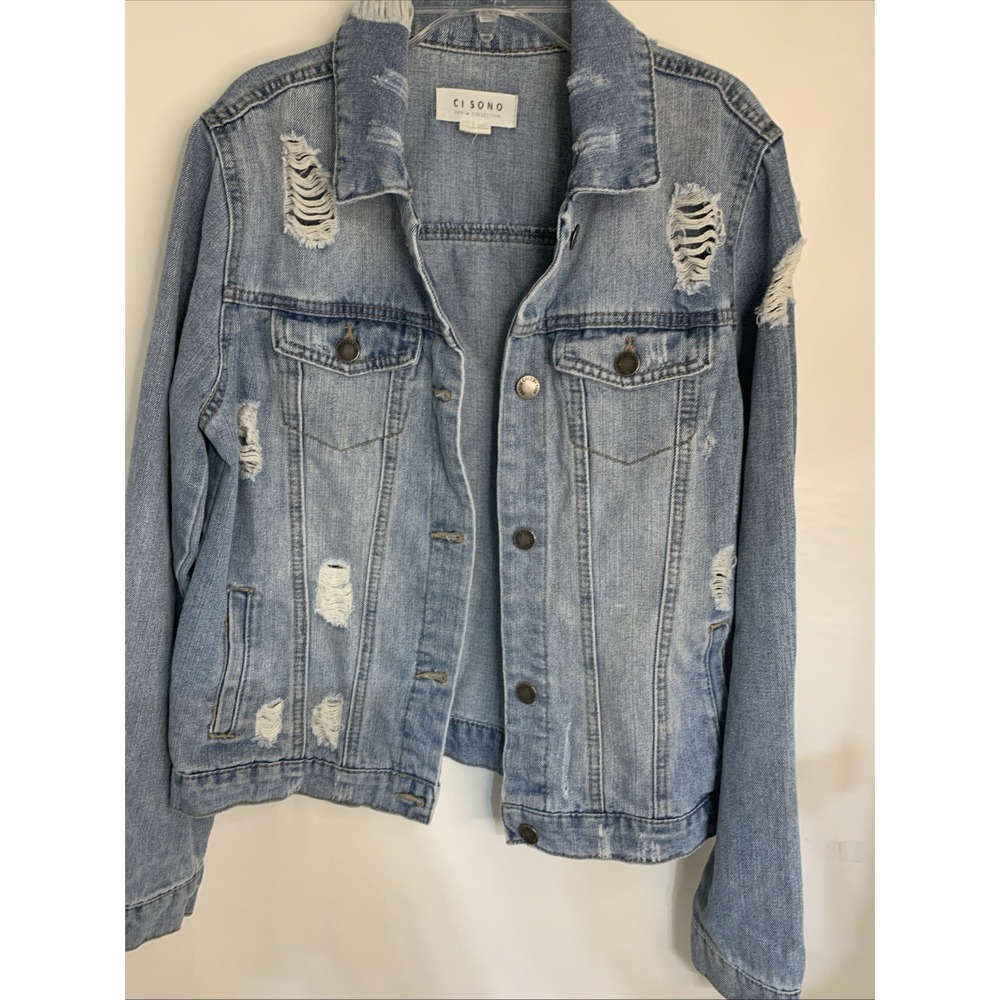 Ci Sono Women‎ Jean Denim Trucker Jacket Medium Heavily Factory Distressed Blue